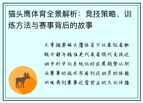 猫头鹰体育全景解析：竞技策略、训练方法与赛事背后的故事